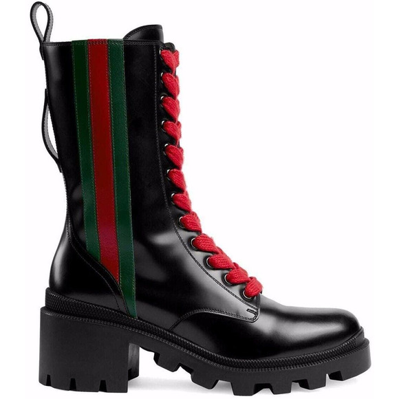 Gucci Trip Black Leather Red Green Web Stripe Mid Calf Block Heel Combat Boot 35 - Picture 1 of 12